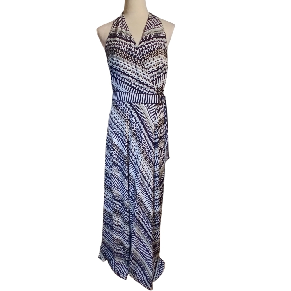 Halter Wrap Maxi Dress Slimming Geometric Print - Picture 1 of 8